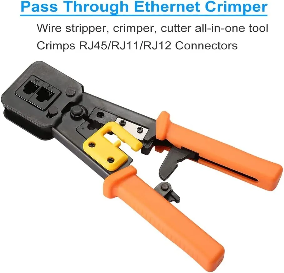 RJ45 Crimp Tool Pass Through Cat5 Cat5e Cat6 Crimping Tool for RJ45/RJ12 (image for) RJ45 Crimp Tool Pass Through Cat5 Cat5e Cat6 Crimping Tool for RJ45/RJ12